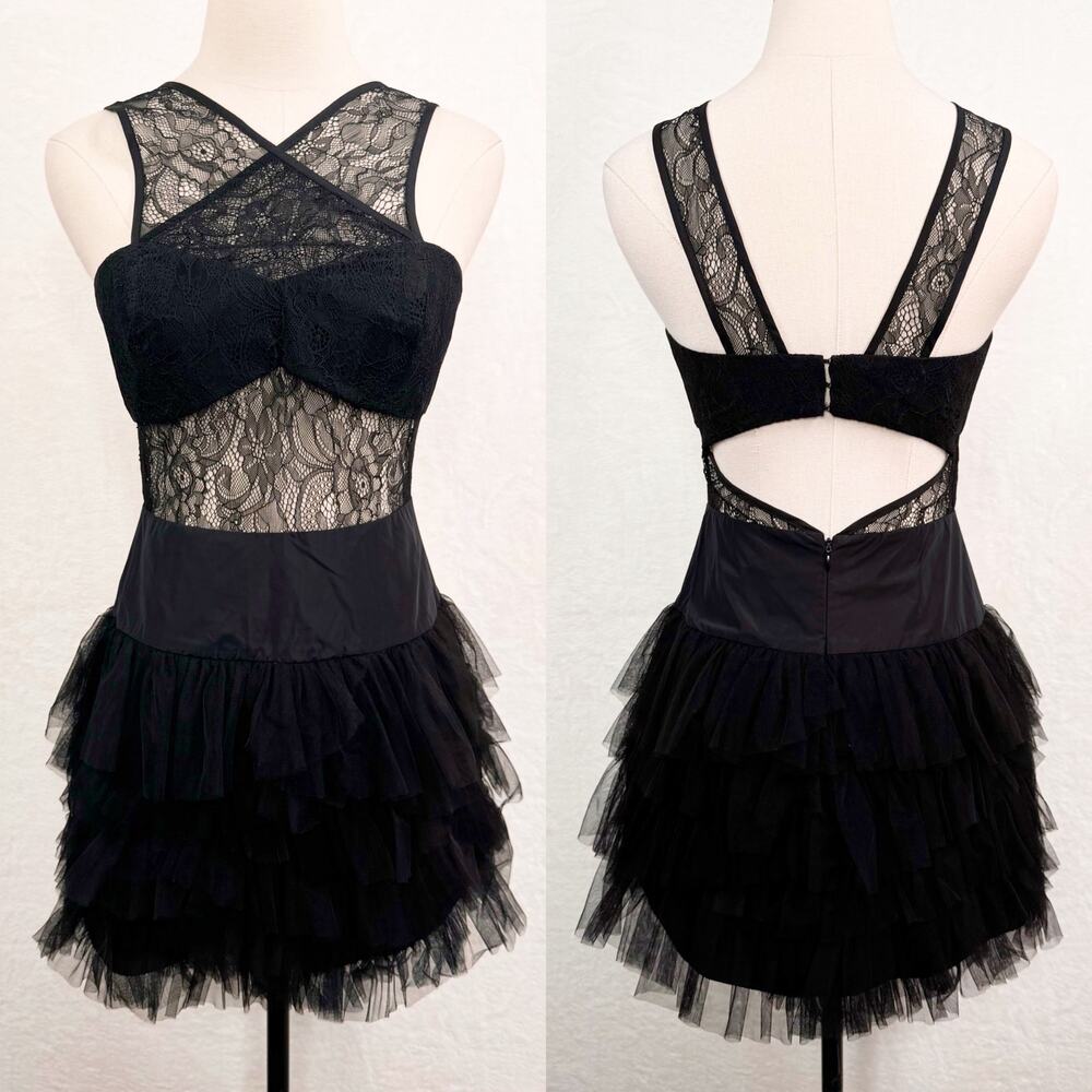 BCBGeneration Lace & Tulle Dress Black Mini Cocktail Party LBD Whimsigoth Size 6 - Picture 2 of 15
